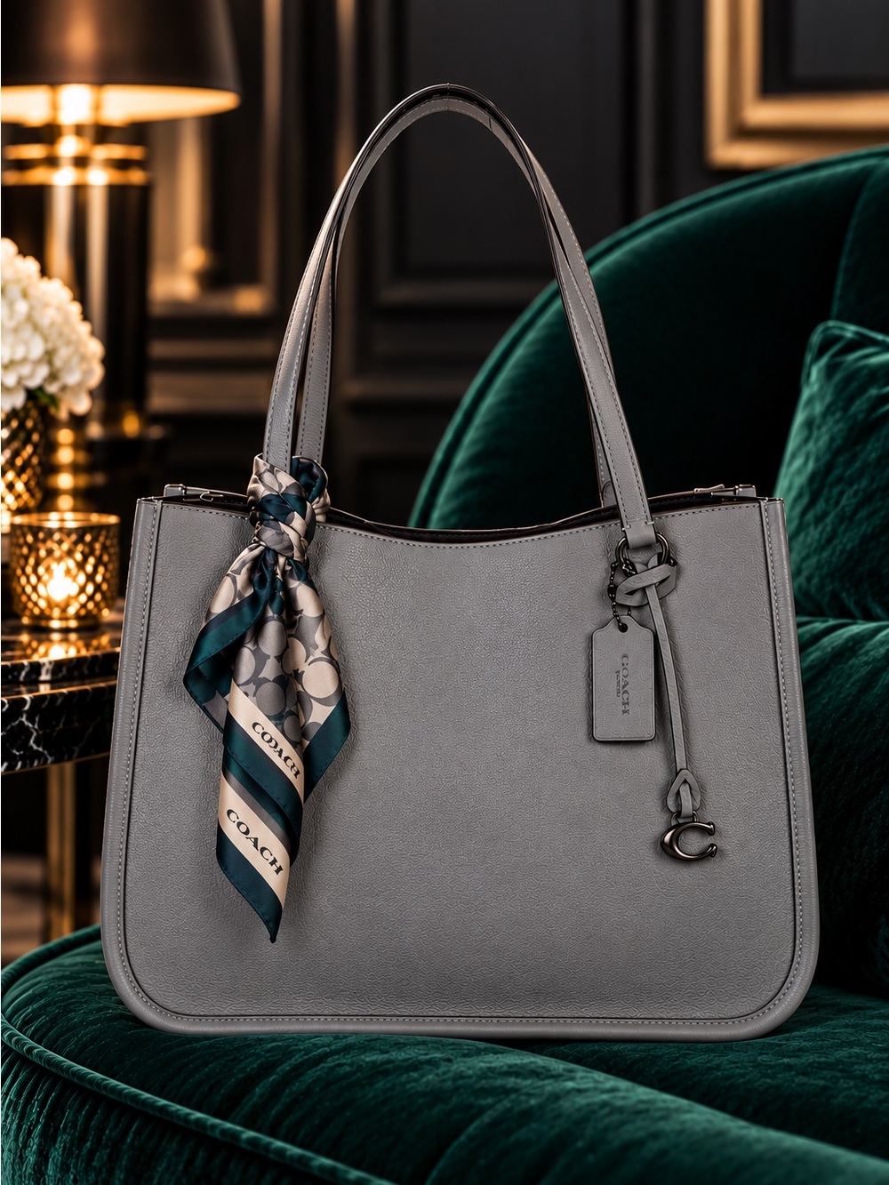 COACH Tyler Carryall Bag Gray Granite Pebbled Leather Gunmetal Hardware